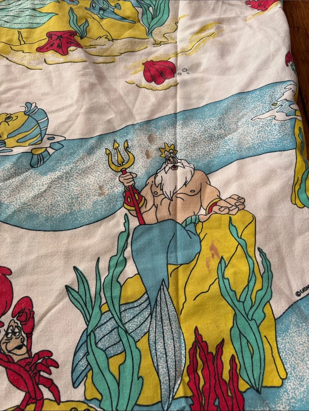 Vintage Little Mermaid Disney Twin Size Fitted Bed Sheet Ariel Flounder Triton